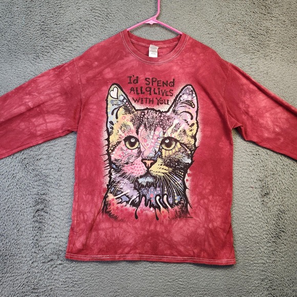 The‎ Mountain Cat Shirt Mens Large Red Tie Dye Long Sleeve I'd Spend All 9 Lives - Picture 1 of 9